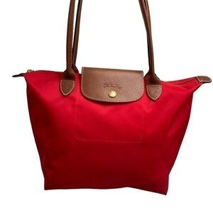 Longchamp le pliage red nylon and brown leather tote bag